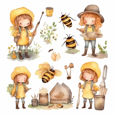 Watercolor boho beekeeping, illustrations clipart set, simple, soft colors, cartoon elements, different variants, cute little boy and girl beekeeping, separate elements with a margin