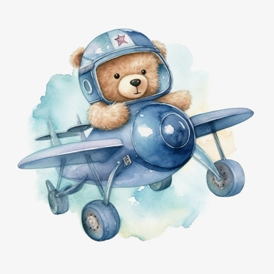 Watercolor Teddy Bear flying a Blue toy Aeroplane, Baby Shower for a boy, Clipart, smilling, sweet, cuddly, happy, playfull, playing, diffrent pose, Transparent background PNG