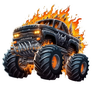 black cartoon monster truck crushing an old car clipart isolated on a white background flames coming out of the back