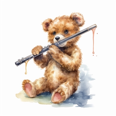 a watercolor of a realistic teddy bear playing a flute, rock band style, vector free clipart illustration, in the style of unreal engine 5, 32k uhd, detailed features, white background