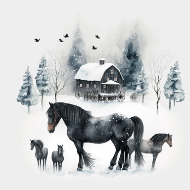 dark academia, horses, snow, fairytale, Christmas, swedish folk art, watercolor, white background, clipart