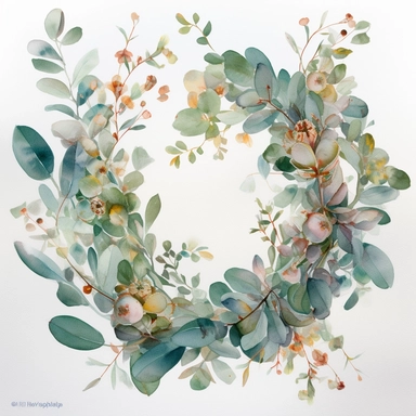 Watercolor Painting of beautiful multi - headed Eucalyptus Wreath FLOWERS on white background DETAILED ILUSTRATION, Flora Design Patterns, Flemish Baroque by Rachel Ruysch, Behance, Rococo, Intricate Detailed, Soft Light Effect, Oil Paint Strokes, Light Academia Aesthetic Flowers, Lighting cinematic, all shown shimmering stamens, tyndall light, texture, colorful, 8k, fantasy, ray tracing, vivid, spectacular lighting, octane rendering, highly detailed, ultra - realistic, white background, clipart