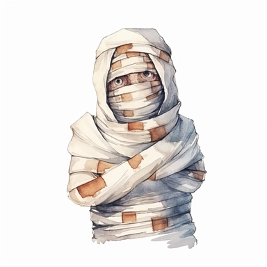 watercolor style, Mummy: A wrapped-up figure representing an ancient Egyptian mummy, depicted with bandages and glowing eyes. clipart, isolated on white background, 4K