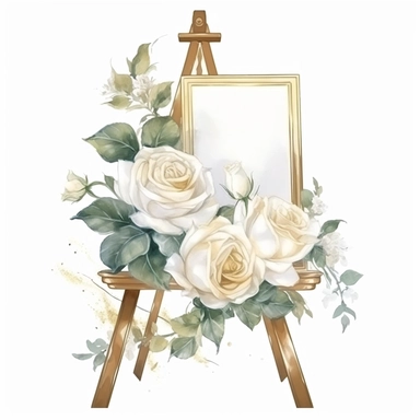 hand drawn gold easel with a blank white sign, white roses and white flowers with greenery, glamorous, very detailed and realistic, watercolor, clipart style, white background with margins