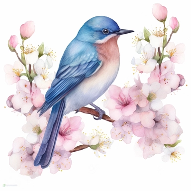 A watercolor illustration of a blue bird on a branch of pink flowers clipart, in the style of instant film, frieke janssens, adrianus eversen, pictorial fabrics, cute and dreamy, cherry blossoms, uhd image on white background