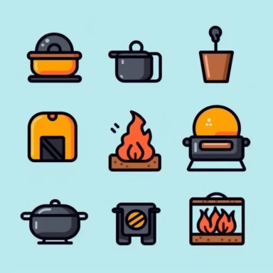 /imaginea set of black line clipart inspired by live fire cooking and barbecue and Lego and Funko Pop toys