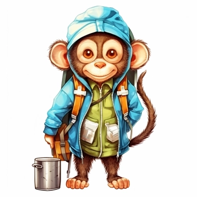 cute Monkey character wearing camping clothes and camping gear with happy face,front facing on isolated background,with happy face and expression,Animal Sublimation Clipart,no splash watercolor,white background, ultra detailed clipart, cut out image, colorful watercolor realistic, cartoon style, ultra HD, sharp and clean art