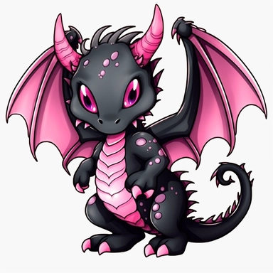 cute cartoon black and pink dragon clipart, white background,--no cut-off edges