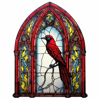 Gothic arched doorway with a stained glass-inspired woodpecker artwork clipart on a white background. Vibrant colors and intricate details bring the beauty of this bird to life. Translucent effects add depth to the artwork.