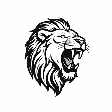 roaring lion head black frontal view silhouette vector flat simple identification symbol white background white background minimalistic clipart png svg