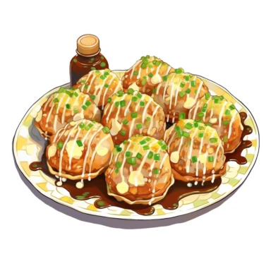 a plate of golden-brown takoyaki balls clipart topped with takoyaki sauce, mayonnaise, bonito flakes, and green onions, white background vibrant watercolour, hight detail, 32K, HD