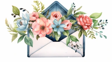 Maggie Holmes style, open envelope with flowers, clipart, white background