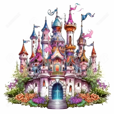 Cute Beautiful Magic Castle Sublimation clipart,Cartoon, hyper realistic, intricate detail, illustration style,high solution,on the white background