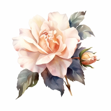 One Dusty pink and white rose flower, big blooms, with muted green whispy foliage with gold flicks, elegant and beautiful floral clipart for wedding invitations, delicate, watercolor, oil painting, defined edge on white background