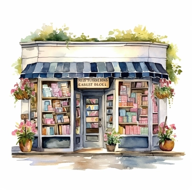 watercolor book store clipart, highly detailed, white background
