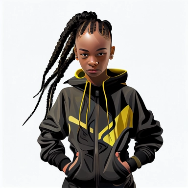 in clipart style Full face portrait centered, full body portrait, with a plain white background of 8k polished award wining photography of neon future branded high fashion and accessories of a stunning black african american little 16 year old kid, wearing a r&b Hip hop sweat suit, with long beautiful braids up in a ponytail with smooth brown skin no blemishes, with beautiful long eyelashes and award winning beautiful hazel colored eyes, wearing gold hoop earings in her ears and a matching gold 