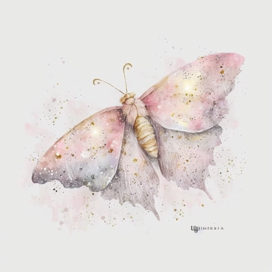A pale pink moth, on a bed of glitter, white, gold, glitter, fantasy, realistic illustration, watercolor, by Dinara Mirtalipova, by Disney, bright and airy Colors, concept art, white background , clipart