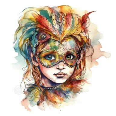 cute baby girl wearring carnival mask, mardi gras, kaluta art style pen and ink watercolor clipart,isolated on white background