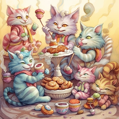 Whimsical magical wacky cats eating cookies, muted colors, swirls, twists, twirls, metallic, glitter, stylized, funny, centered, airbrushed, digital oil, detailed illustration, clip art, cartoon, 8k,-- ar 9:8