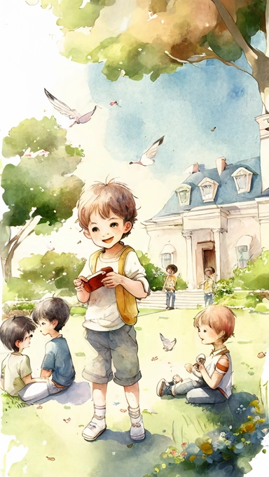 The little boy, family members, and other children were playing together on the lawn outside the villa. The weather was sunny and there were beautiful birds in the sky,high angle view,overall view,illustration for book, children's book, multiple positions,manga style,Watercolor Clipart, strybk,full Illustration, 4k, sharp focus, watercolor, smooth soft skin, symmetrical, soft lighting, detailed face, concept art, watercolor style, strybk, children's style fairy tales, chibi kawaii, . Octane rend