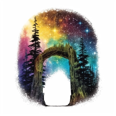 discopunk rustic archway leading to magical forest, swirling color with tiny stars in the background, northern lights, isolated on white background, clipart, highly detailed