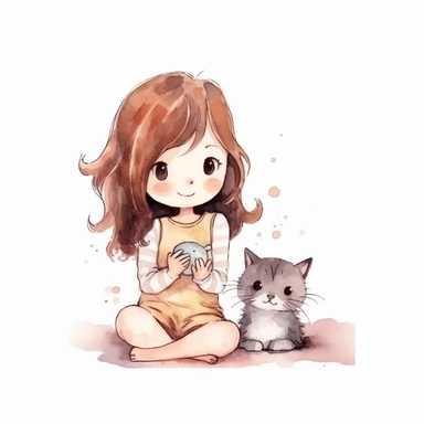 watercolor minimal hand draw doodle cat play with girl children cartoon illustration clipart sublimation, white background for removing background