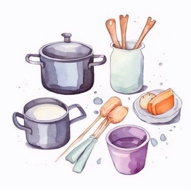 Cooking items art watercolor clipart, minimalist, soft pastel colors 8k, isolated transparent background, 4 times spaced out