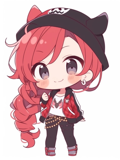 cute anime chibi girl, tomboy style, red hair, very happy attitude, clipart, no background