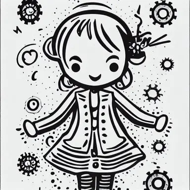 simple drawing, 1 , 1bit, 1 white steampunk little girl, 1 sticker art, 1 color by numbers, 1 coloring page for adults, 1 , printable outlined artwork, 1 coloring book page, 1, line art, 1 white backdrop, crisp lines, vector image, svg style, clipart style,
