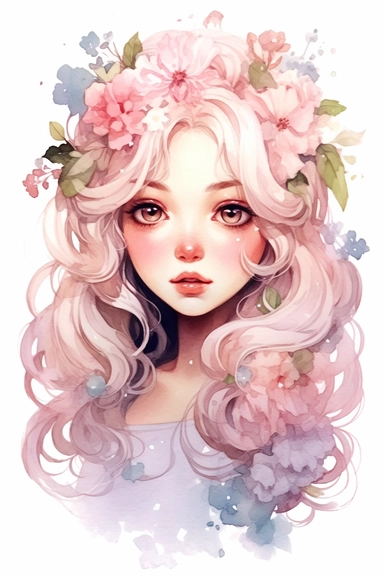 Fairy tale girl with a beautiful innocent pastel kawaii 80s painting. Watercolor clipart