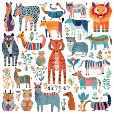indulge in a stunning collection of boho zoo animals, painted by hand with the finest materials including Liquitex acrylic gouache and tempera clipart, Designed in the intricate folk art, this set features a beautiful array of spring colors on a crisp white background v5