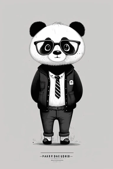 minimalistic pixar style clipart, minimalistic nordic style clipart, anthro hipster panda with mustache, minimalistic black and white color palette,