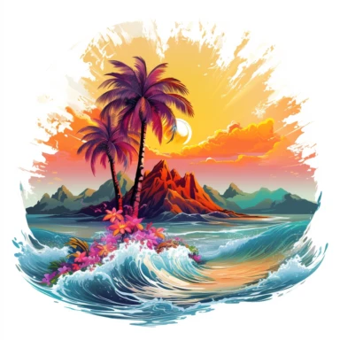artwork majestic palm tree in digital painting style, beautiful flowers, sunrise mountain and clouds, big sea waves, water splashes, water splashes, white background, colorful fantasy flower surround, highly detailed clean, vector image, photorealistic master piece, professional photography, realistic, flat white background, isometric, vibrant vector, clipart, illustration, realism, 4k, cinematic, front view, white background