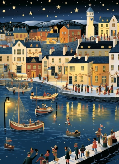christmas and harbour clipart clipart, in the style of andrew macara, light gold and indigo, alan kenny, gari melchers, contrasting, pictorial space, cartoon mis-en-scene