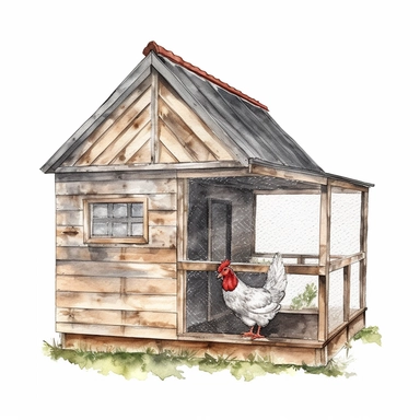 Highly detailed and realistic chicken coop Watercolor Clipart, transparent background, watercolor and black ink, on white background, NO TEXT,NO WATERMARKS