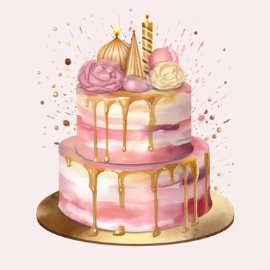 Watercolor Birthday Party Cake, Clipart, pink and gold theme