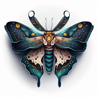 Best Colorful, a Moth Clipart, fantasy Moth Png, exotic moth, vibrant colours, white background, no text, front look, An enchanting mystical moth clipart showcasing a blend of celestial turquoise and deep navy blue, with intricate patterns evoking the mysteries of the night sky, against a white backdrop.