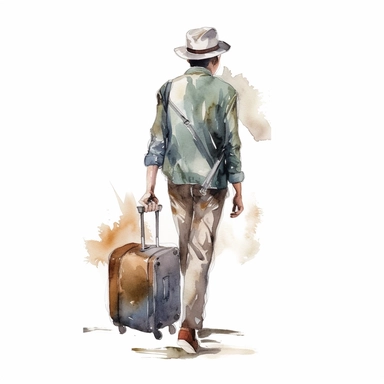 Back travel guy with hat holding luggage, whole body male, Watercolor style, Clipart, on white background with margins