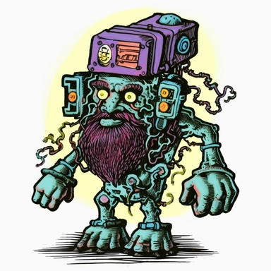 shambling limping dwarven zombie with tesla coils coming out, dark electric aura, Basil Wolverton Josh Kirby Dave Gibbons handpainted enamel punk zine indie retrowave, clipart illustration, solid white background