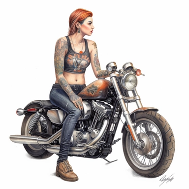 cute [Heavily tatted biker chick pixie fairy Harley davidson ] , hyper-realistic watercolor illustration, 3d, 8k high definition, highly detailed, masterpiece, clip art, white background