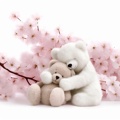 clipart of fluffy baby teddy bear sleeping in her mother's arms, cute, soft and mellow colors, cherry blossome environment, octan renderer, dept of field white background, cutout