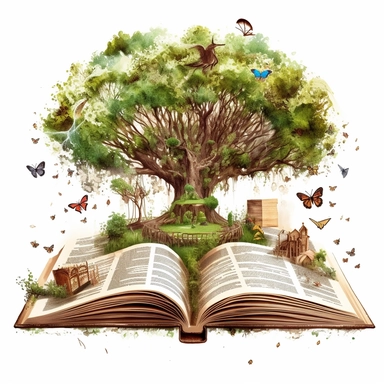 an old brown open book with flimsy pages and a green fantasy world coming out of it above the book, in the style of clipart fantasy, white background, butterflies and a huge tree of life, fluid formation, realistic watercolor paintings, dreamlike installations, detailed world-building, highly detailed foliage