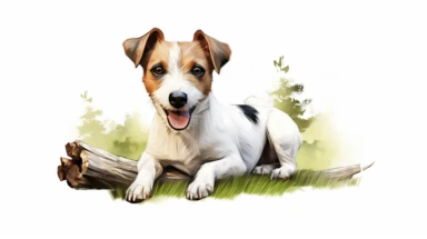 hyperrealistic ultra detailed watercolor clipart, Jack russell terrier dog in the park like in a children's book, white background, in the style of digital print, clipart, illustration, sticker, ultra high definition, rich details, 32K, HD
