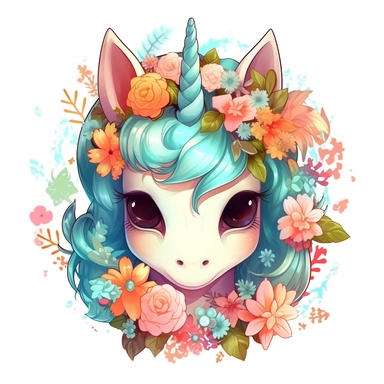 a unicorn made from cute floral flowers clipart, in the style of kawaii aesthetic, digital airbrushing, junglecore, 8k, charming anime characters, tondo, white and cyan