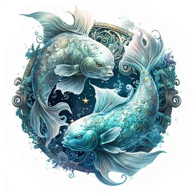 mystical astrological Pisces zodiac sign, fantasy, fairytale, astrological details, storybook, clipart, digital painting, light ink, very detailed, very realistic, white background, bright mood, 4k quality