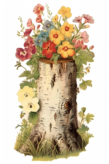 Vintage 1920 detailed Birch Tree Trunk With Flowers Illustration, Chromolithograph, Die Cut, 1920s Illustration, Vintage, Chromolithograph, Colorful, Antique, Ephemera, Clipart, 8k, Isolated on white