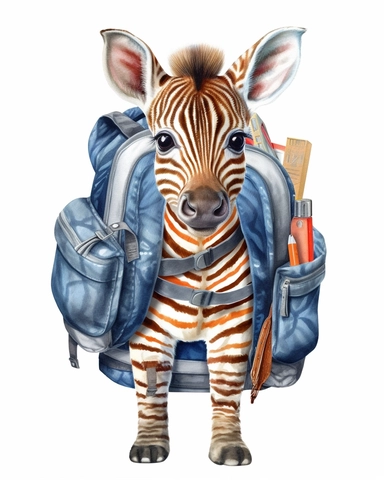 detailed watercolor Baby Zebra with a school bag , hyper realistic, isolated on a white background, clipart