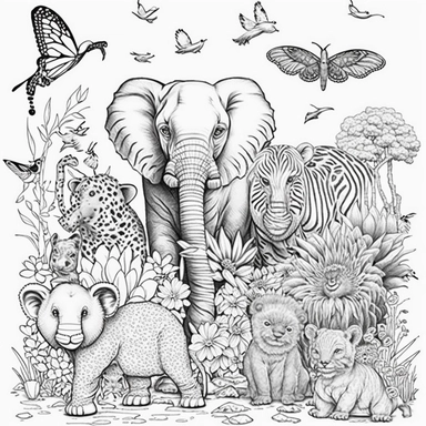 coloring page unfinished with Animals: cats, dogs, birds, fish, rabbits, bears, elephants, giraffes, lions, tigers, monkeys, etc. clipart