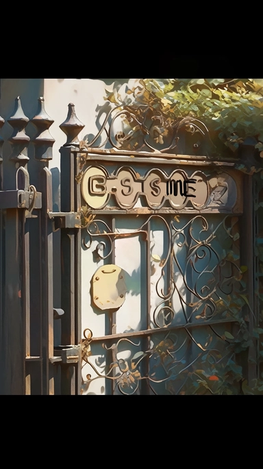 A shot of a house number on an iron gate, a photographic shot, a movie clip, a sparkling image. The picture has a dynamic rhythm, beautiful light and shadow, high saturation, oil painting texture, atmosphere, villagecore, cabincore, realistic fantasy art, soft and dreamy depiction, 8k, ultra high definition, symmetrical composition, details, harmonious image