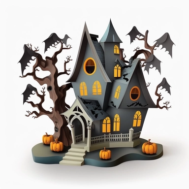 halloween haunted house with spooky decorations. cartoonish design. white background. no tags. CLIPART!!